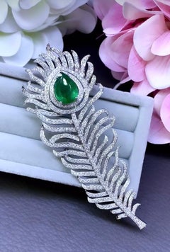 18K Gold Feather Brooch with 5.00ct Zambian Emerald & 4.80ct Diamonds