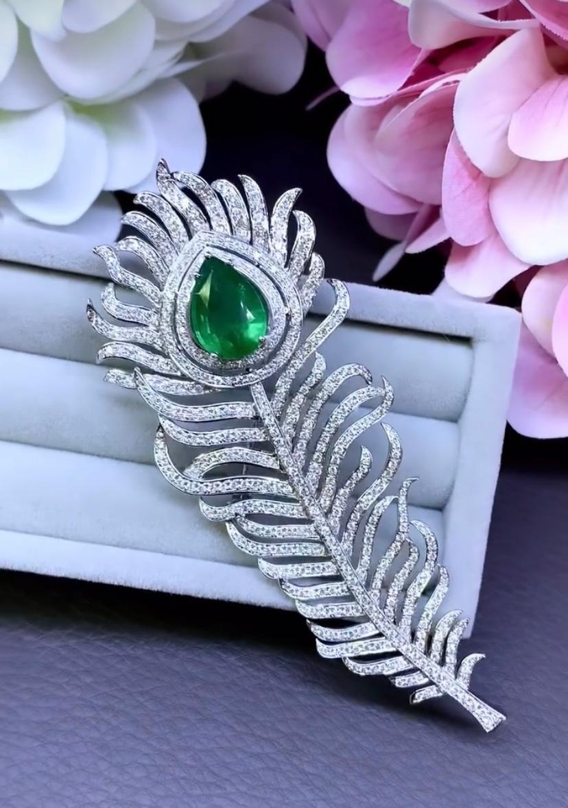 Art Deco AIG Certified 5.00 Carat  Zambian Emerald  4.80 Ct  Diamonds 18K Gold Brooch  For Sale