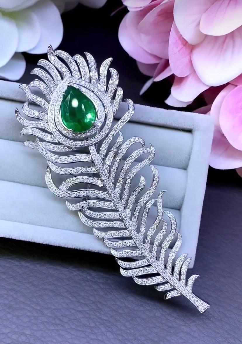 Pear Cut AIG Certified 5.00 Carat  Zambian Emerald  4.80 Ct  Diamonds 18K Gold Brooch  For Sale