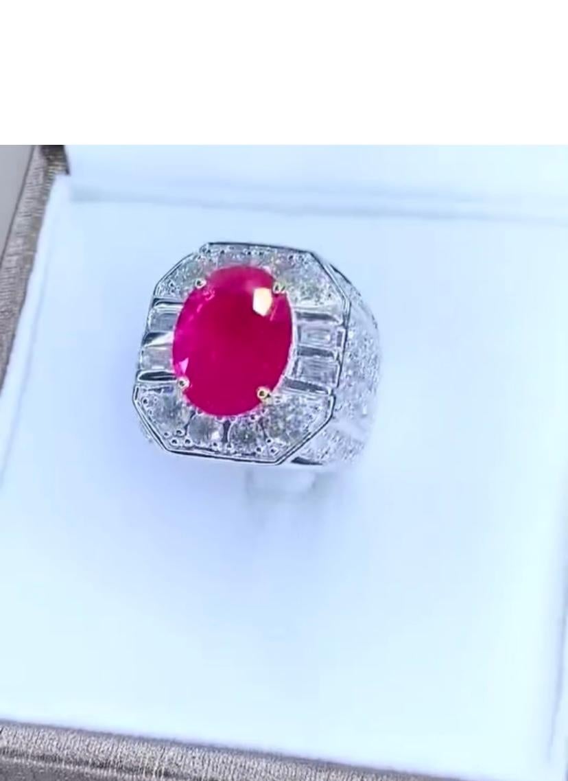 Oval Cut AIG Certified 5.00 Ct Burma Ruby 3.80 Ct Diamonds 18K Gold Ring For Sale
