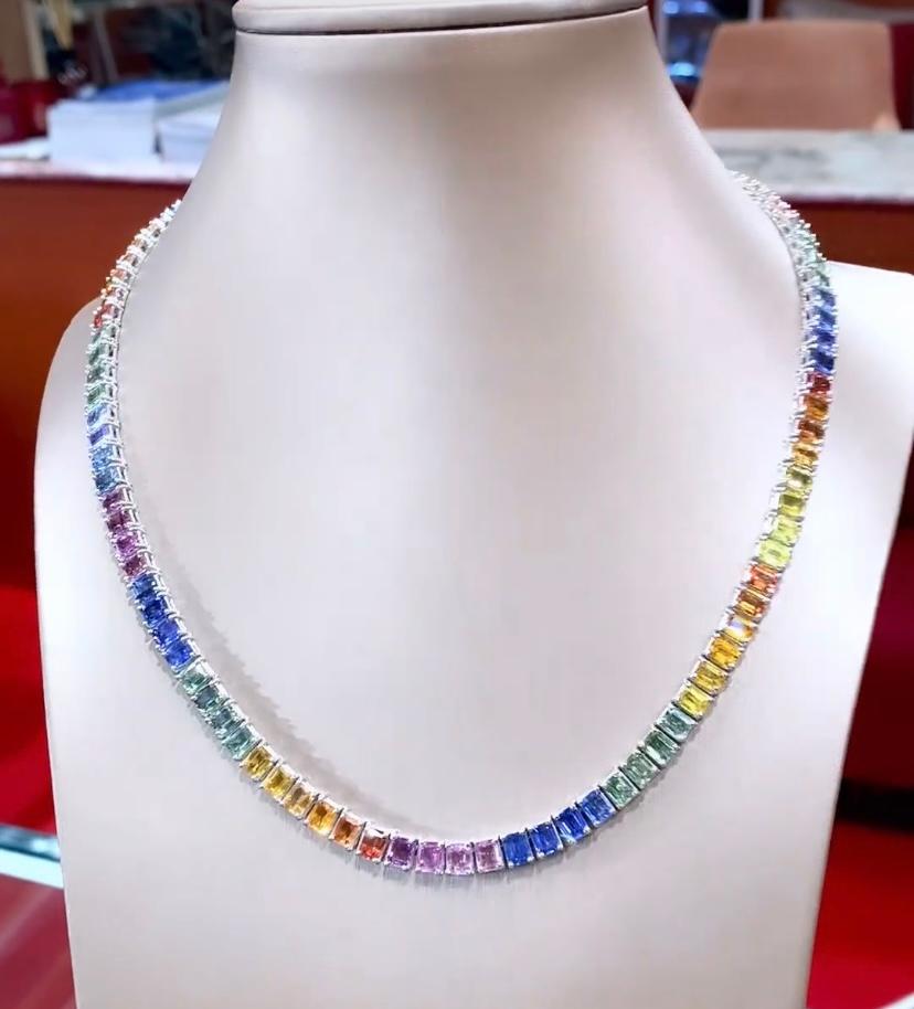 An exquisite vibrant and colorful Ceylon Sapphires necklace.
When touched by sunlight, it exudes a breathtaking sparkly that enchants the eyes and captures the heart. 
Spring/summer are  incoming, wears  colorful gemstones and adds a touch of color