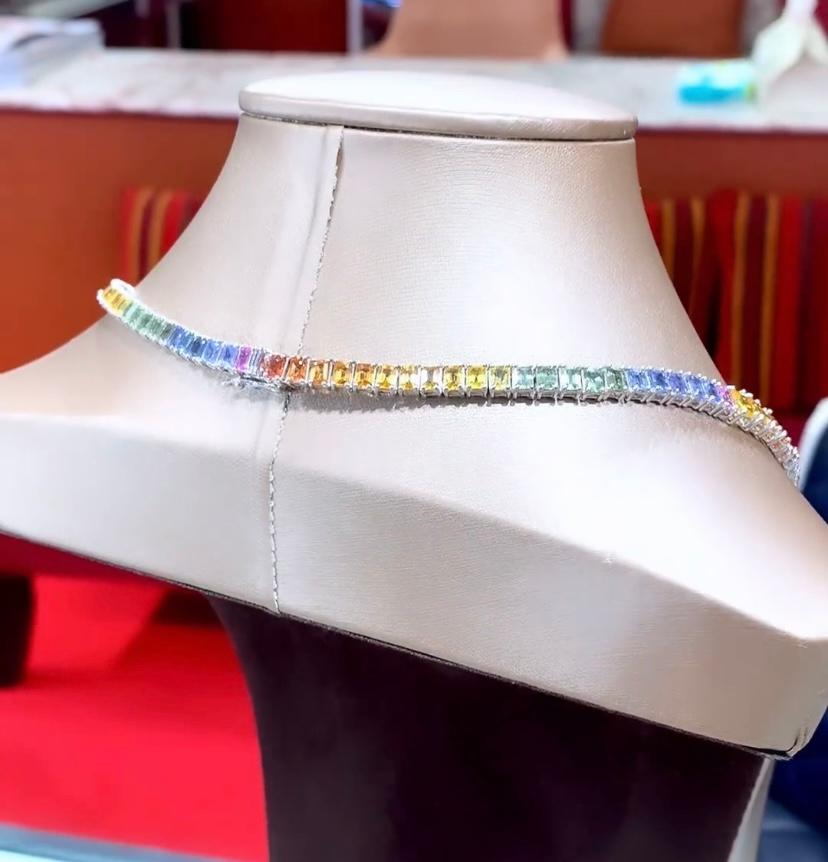 Baguette Cut AIG Certified 50.00 Carat Ceylon Rainbow Sapphires  18K Gold Necklace For Sale