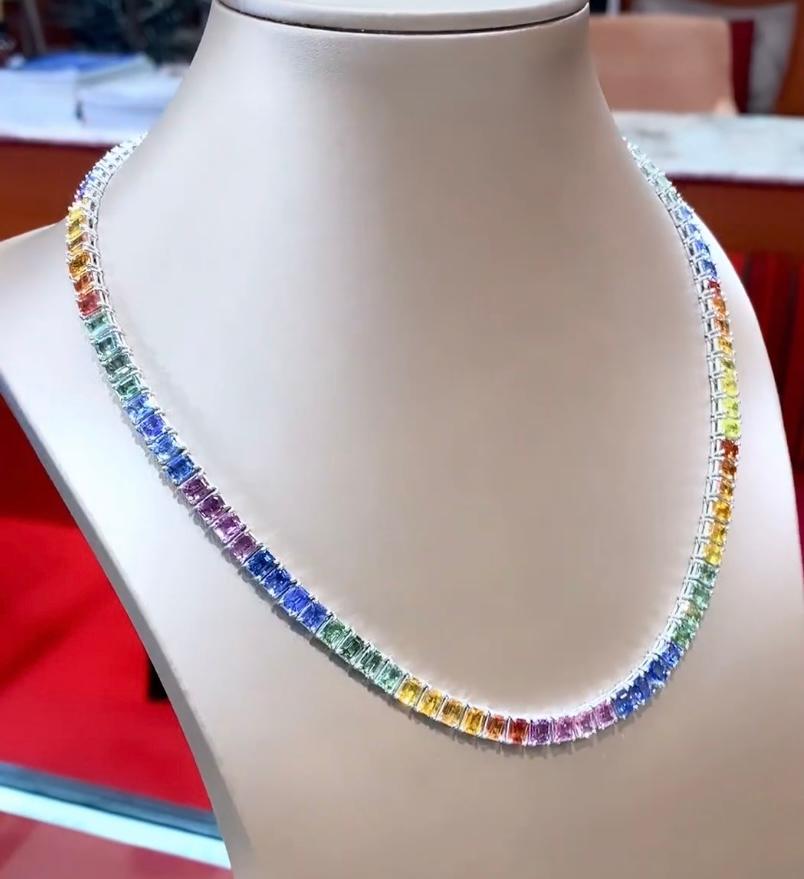 Women's or Men's AIG Certified 50.00 Carat Ceylon Rainbow Sapphires  18K Gold Necklace  For Sale