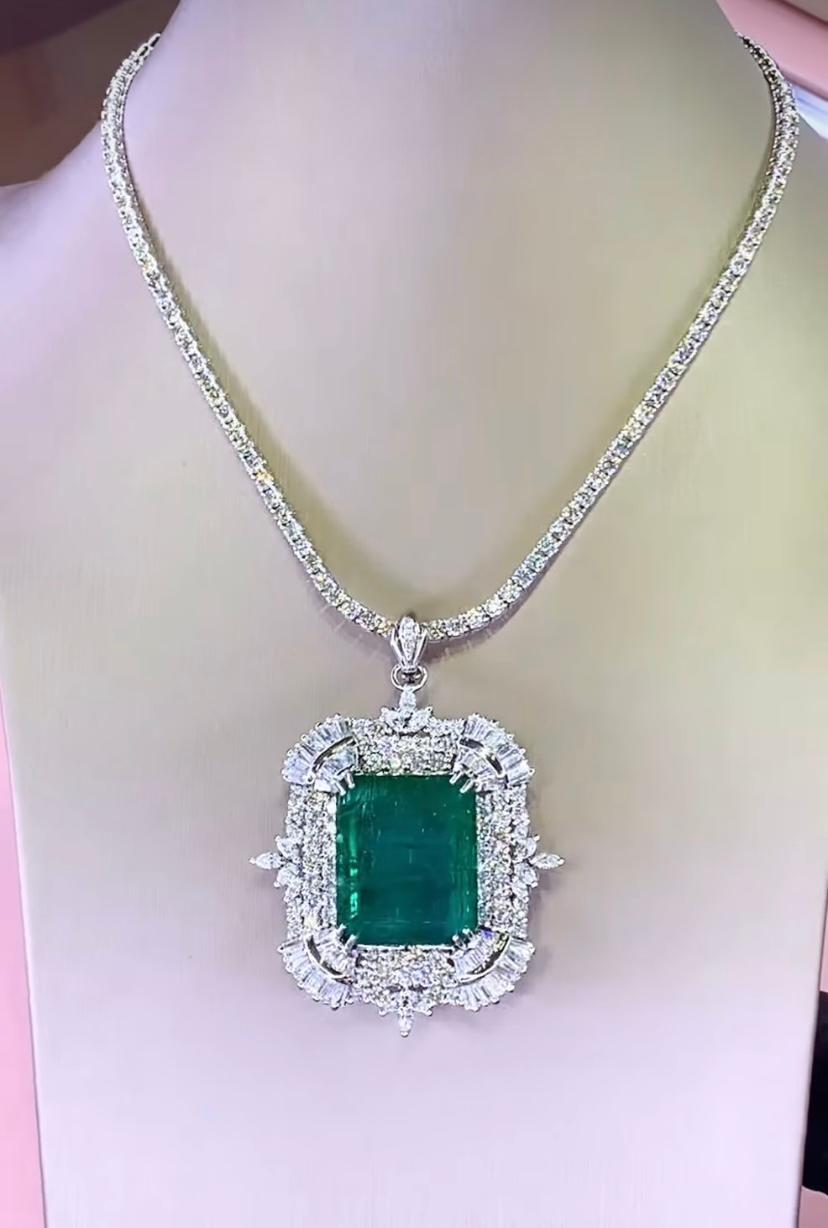 Women's AIG Certified 50.00 Carat Zambian Emerald 8.80 Ct Diamonds Gold Pendant/Brooch For Sale