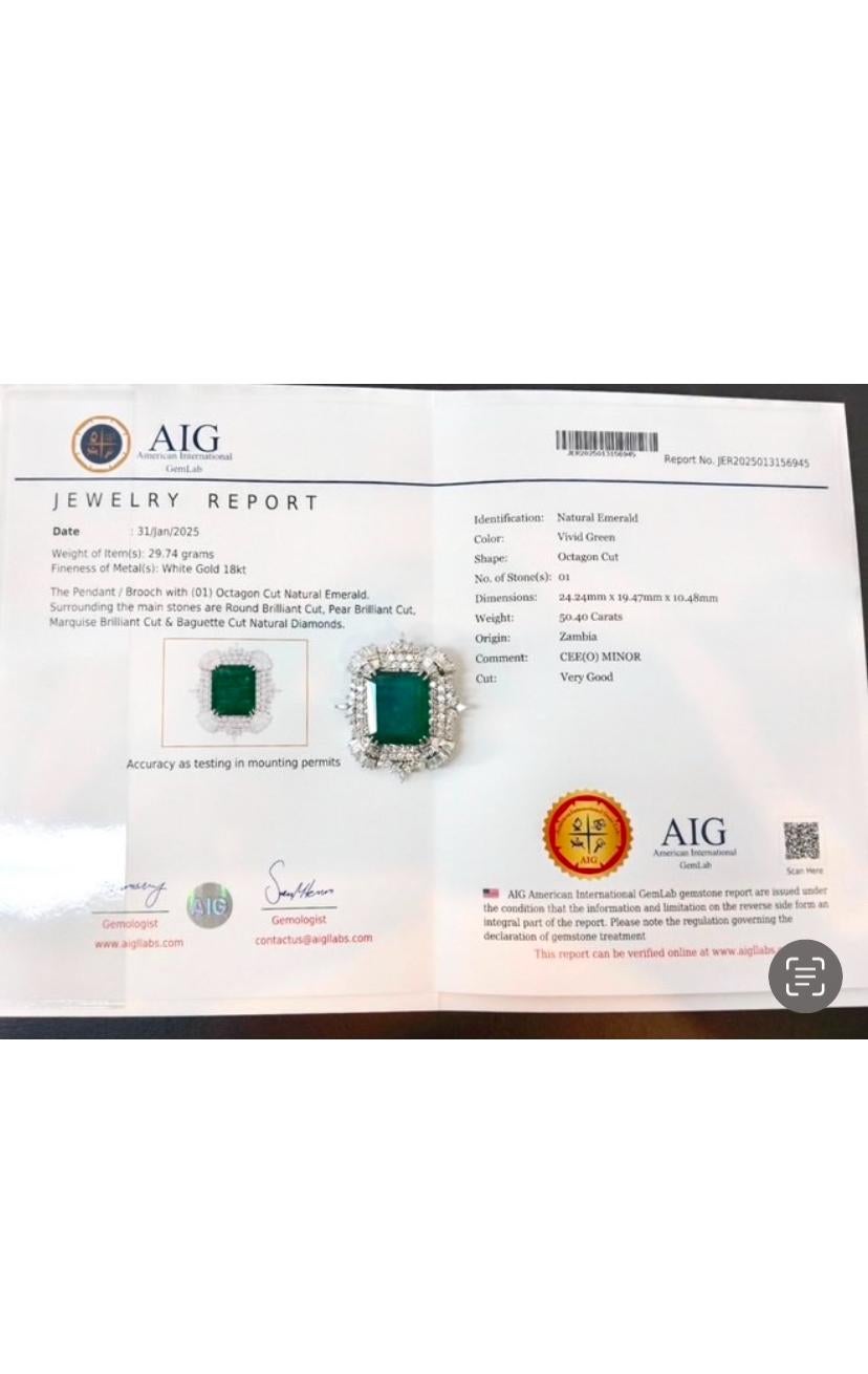 AIG Certified 50.00 Carat Zambian Emerald 8.80 Ct Diamonds Gold Pendant/Brooch For Sale 3