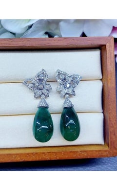 AIG Certified 50.00 Carats  Zambian Emeralds 1.90 Ct Diamonds 18K Gold Earrings