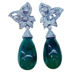 AIG Certified 50.00 Carats  Zambian Emeralds 1.90 Ct Diamonds 18K Gold Earrings