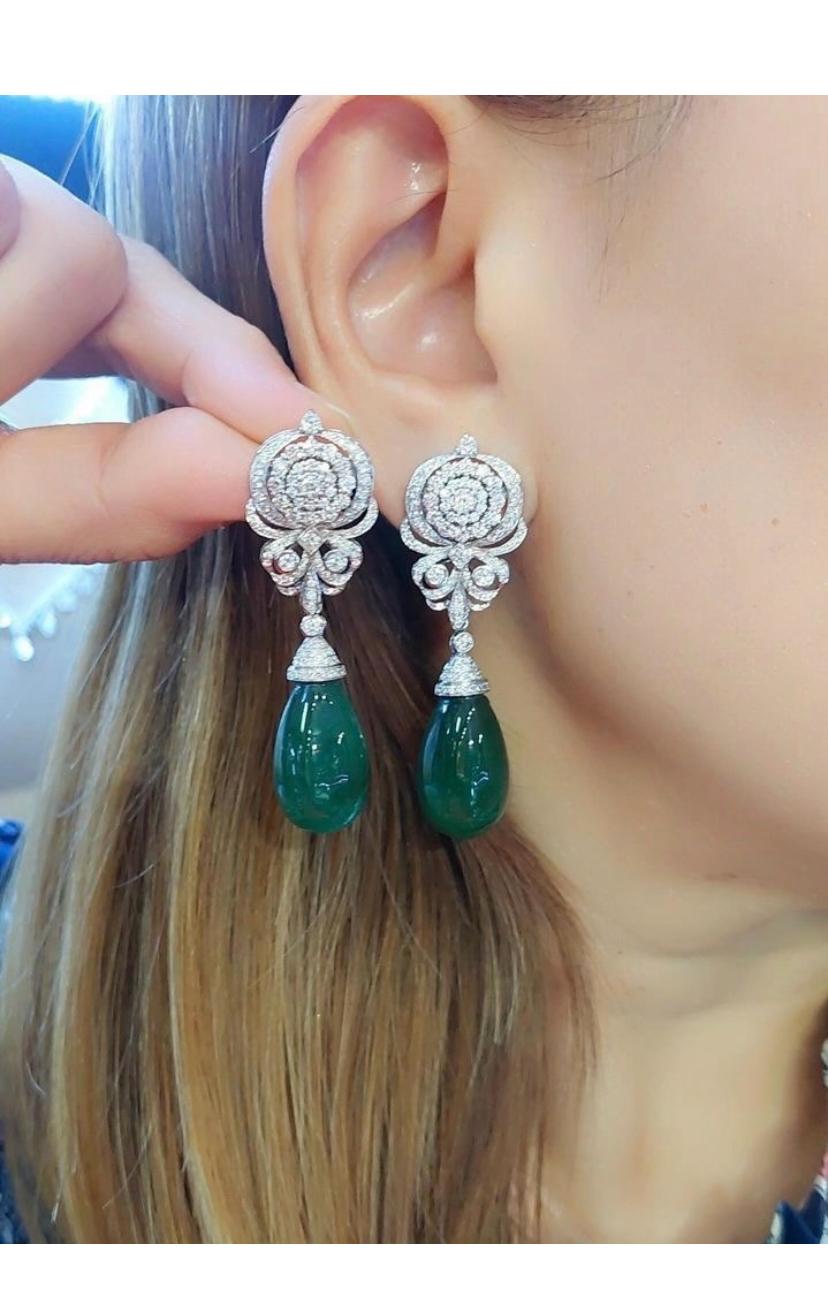 Women's AIG Certified 50.00 Ct Zambian Emeralds  2.60 Ct Diamonds 18K Gold Earrings For Sale