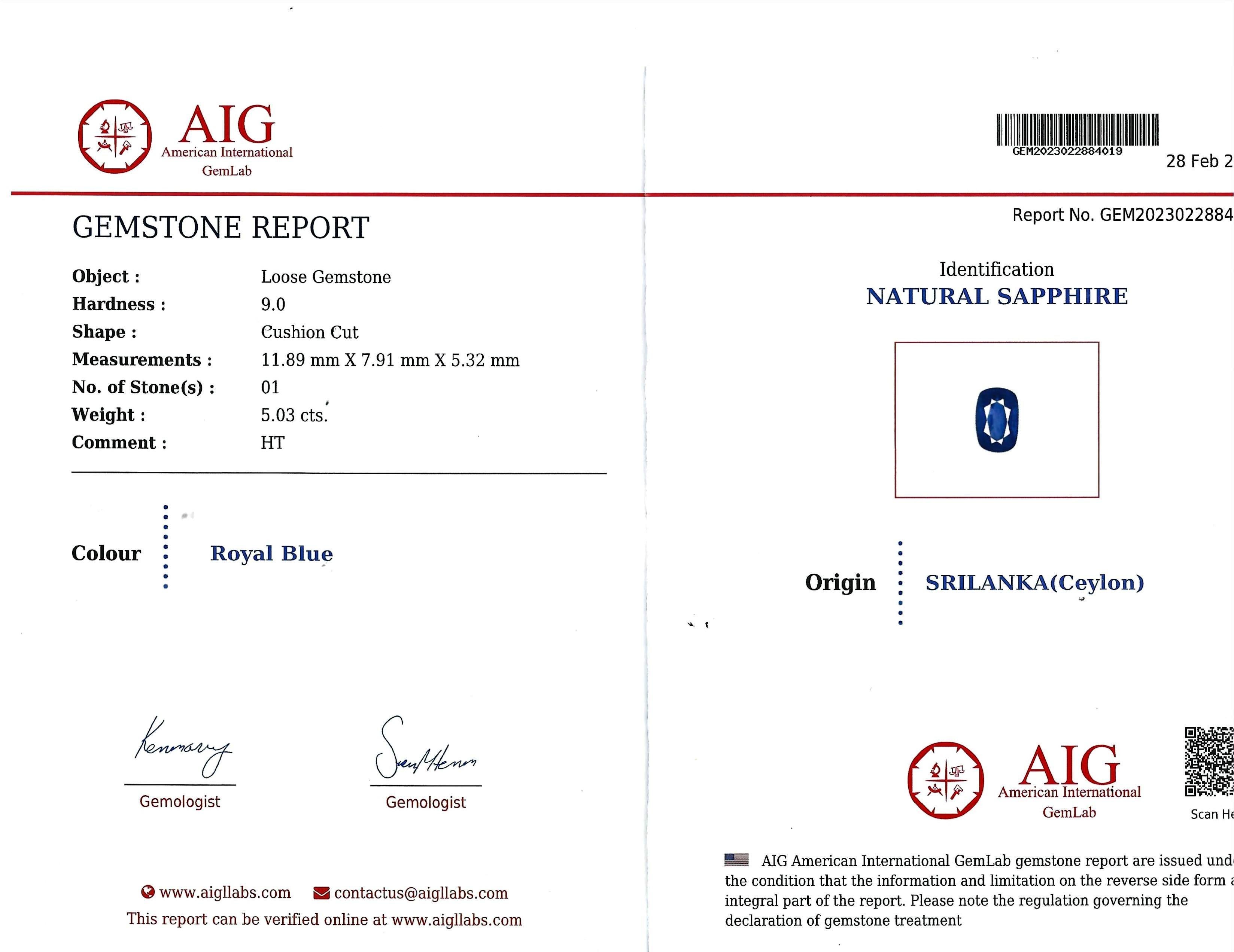 Women's or Men's AIG Certified 5.03 Carat Cushion Cut Sri Lankan Royal Blue Sapphire Ring For Sale