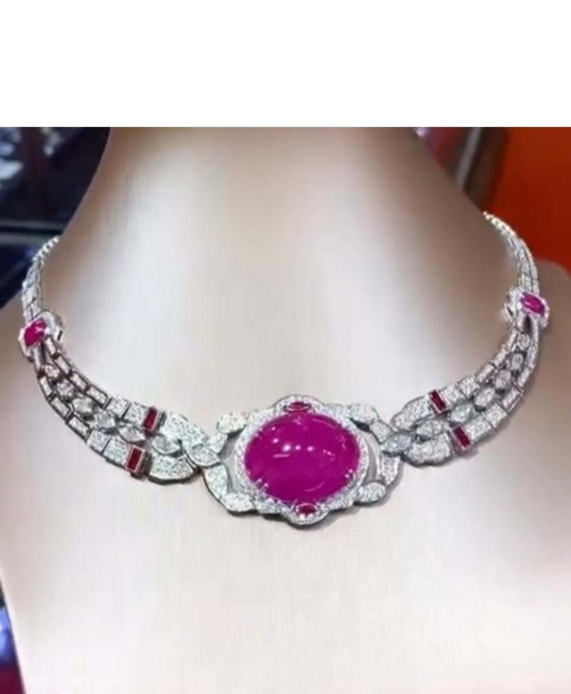 Oval Cut AIG Certified 51.00 Ct Burma Ruby  7.70 Ct Diamonds 18K Gold Necklace For Sale