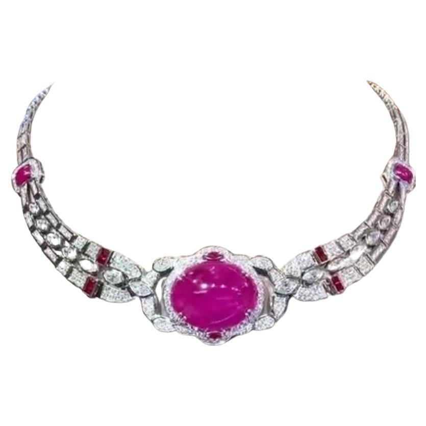 AIG Certified 51.00 Ct Burma Ruby  7.70 Ct Diamonds 18K Gold Necklace