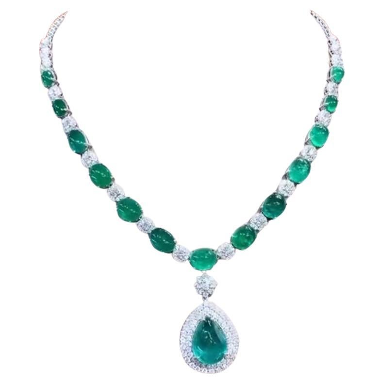 AIG Certified 51.00 Cts Zambian Emeralds  7.00 Cts Diamonds 18K Gold Necklace
