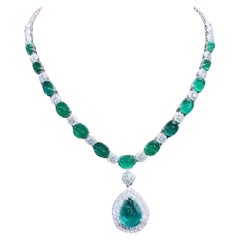 AIG Certified 51.00 Cts Zambian Emeralds  7.00 Cts Diamonds 18K Gold Necklace