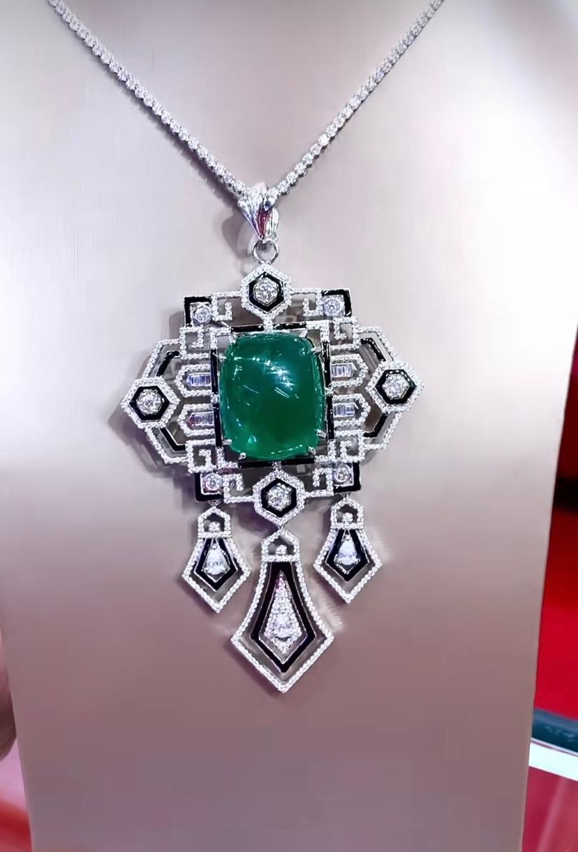 Cabochon AIG Certified 51.68 Ct Zambian Emerald Diamonds 5.33 Ct 18K Gold Pendant/Brooch  For Sale