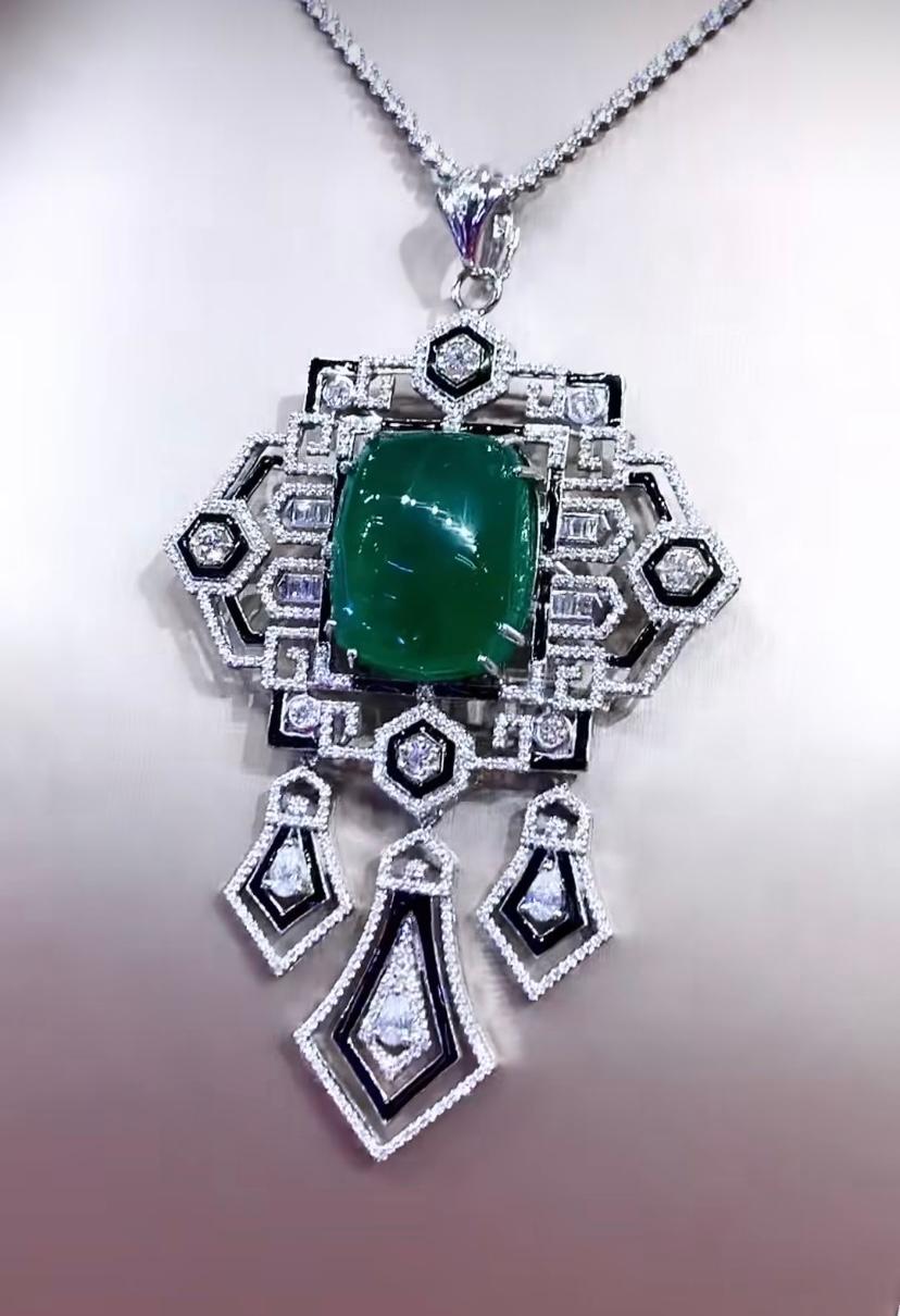 AIG Certified 51.68 Ct Zambian Emerald Diamonds 5.33 Ct 18K Gold Pendant/Brooch  In New Condition For Sale In Massafra, IT