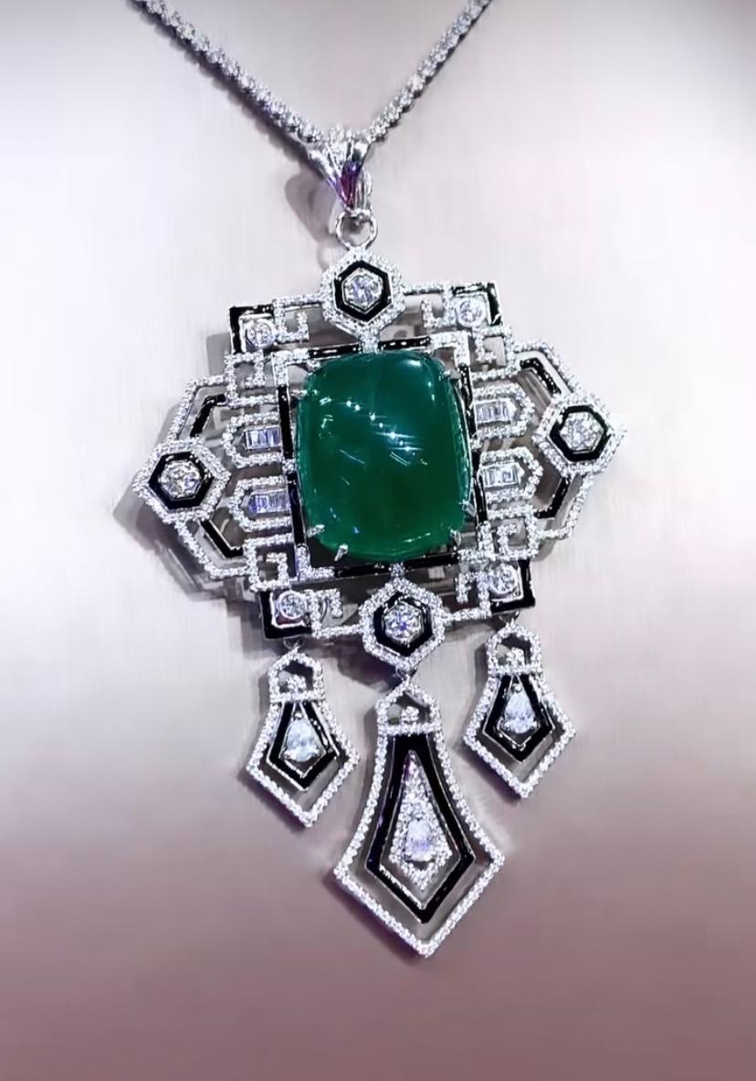Women's AIG Certified 51.68 Ct Zambian Emerald Diamonds 5.33 Ct 18K Gold Pendant/Brooch  For Sale
