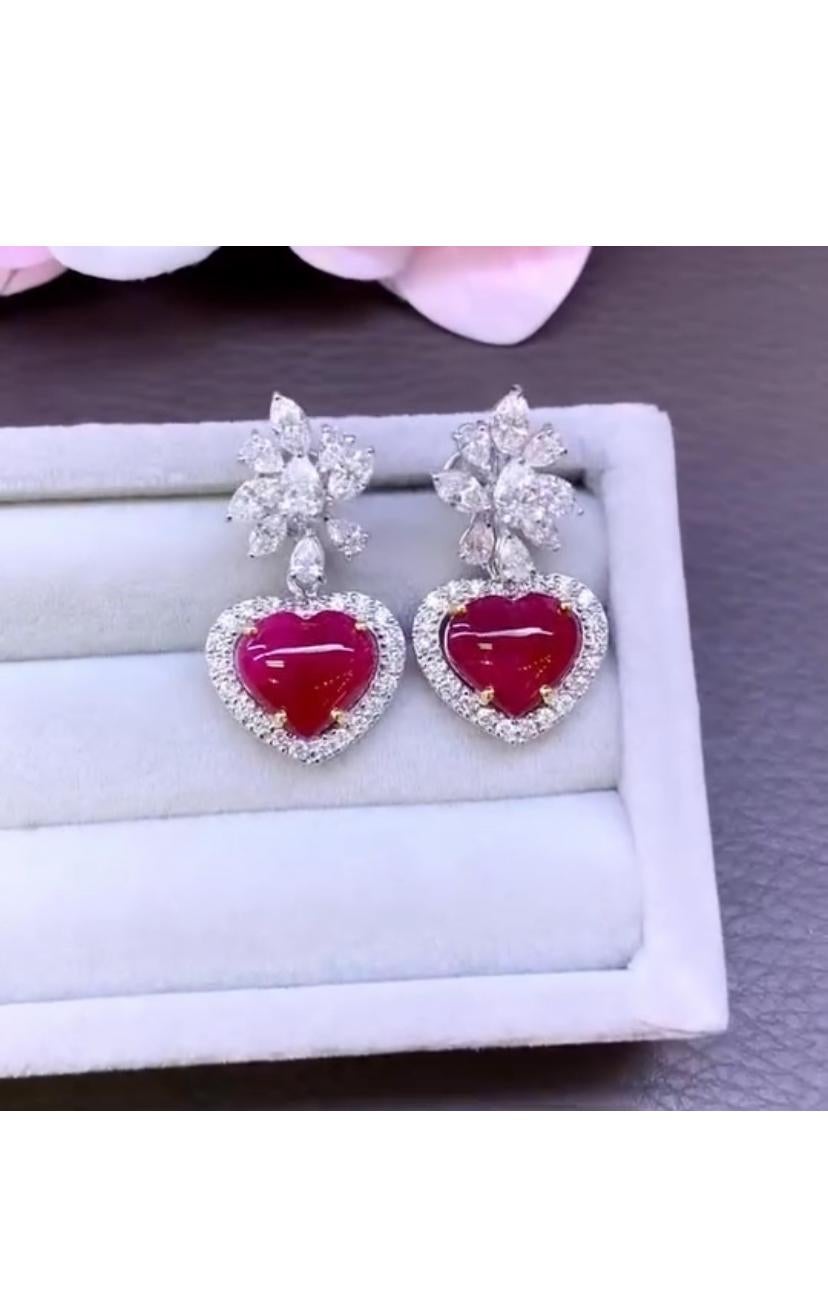 Heart Cut AIG Certified 5.30 Ct Burma Rubies 3.00 Ct Natural Diamonds 18k Gold Earrings For Sale