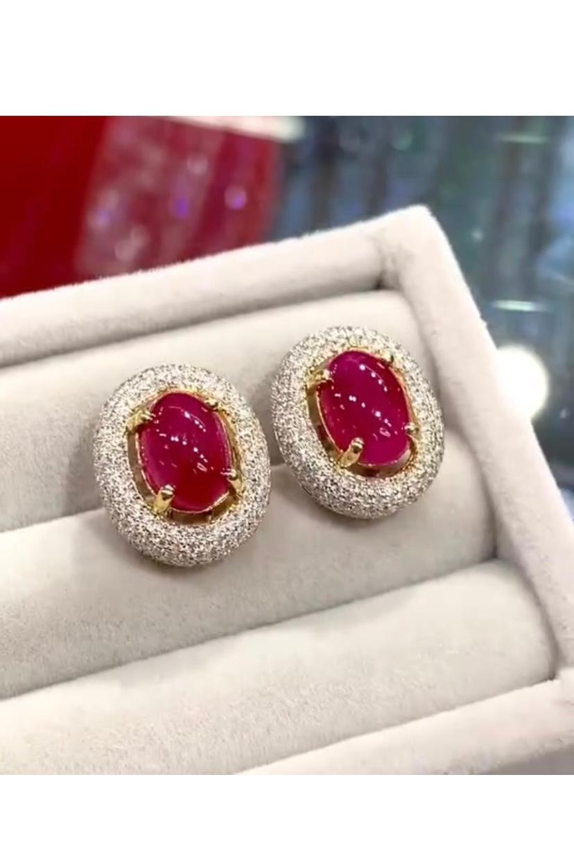 Cabochon AIG Certified 5.30 Cts Burma Rubies  1.40 Cts Diamonds  18K Gold Earrings For Sale