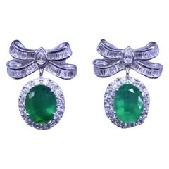 AIG Certified 5.32 Ct Zambian Emeralds 2.40 Carats Diamonds 18K Gold Earrings