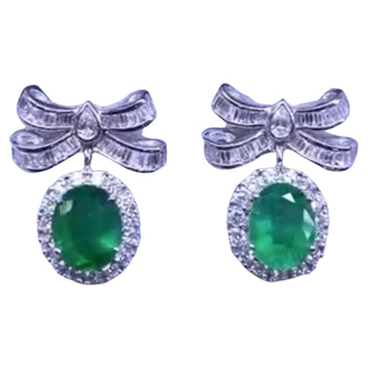 AIG Certified 5.30 Ct Zambian Emeralds 2.40 Carats Diamonds 18K Gold Earrings