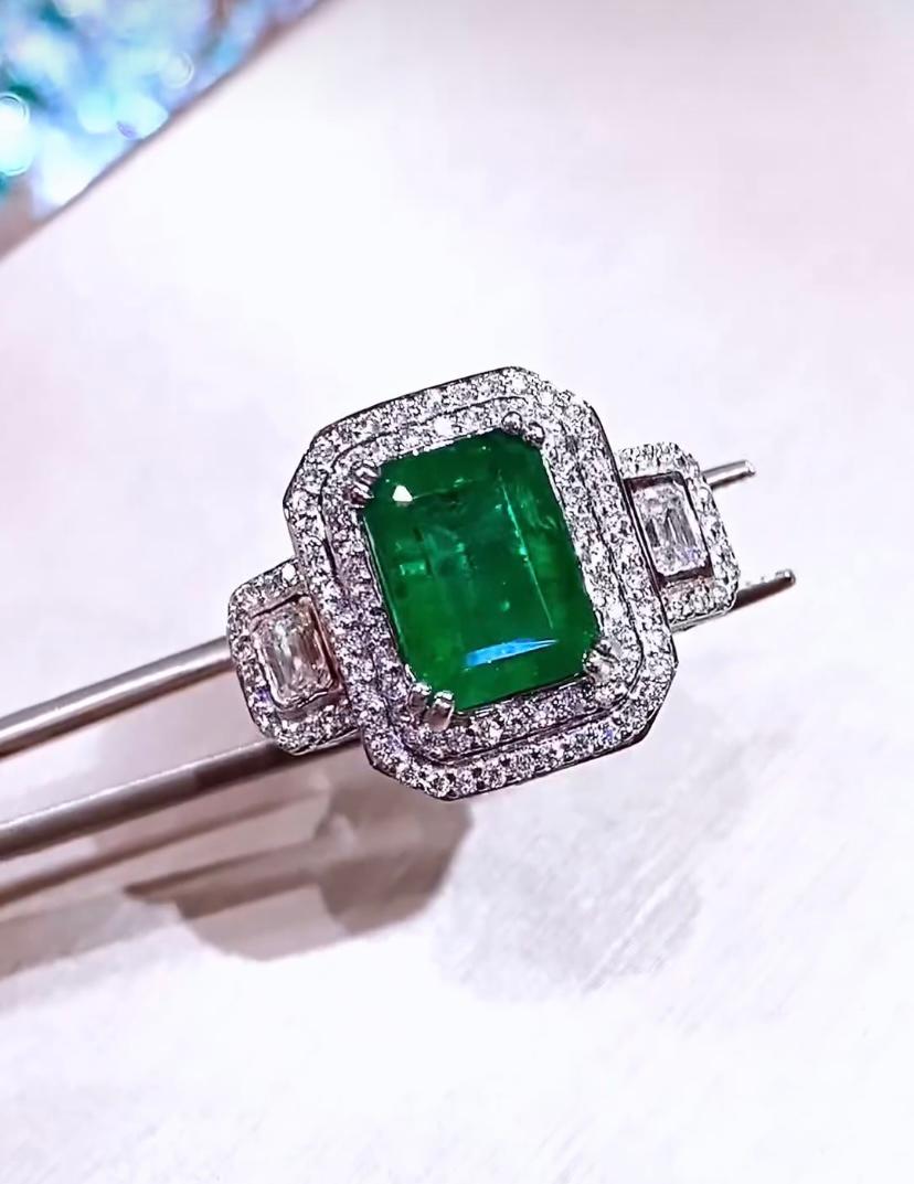 Mixed Cut AIG Certified 5.40 Carat Zambian Emerald  1.70 Ct Diamonds 18K Gold Ring  For Sale