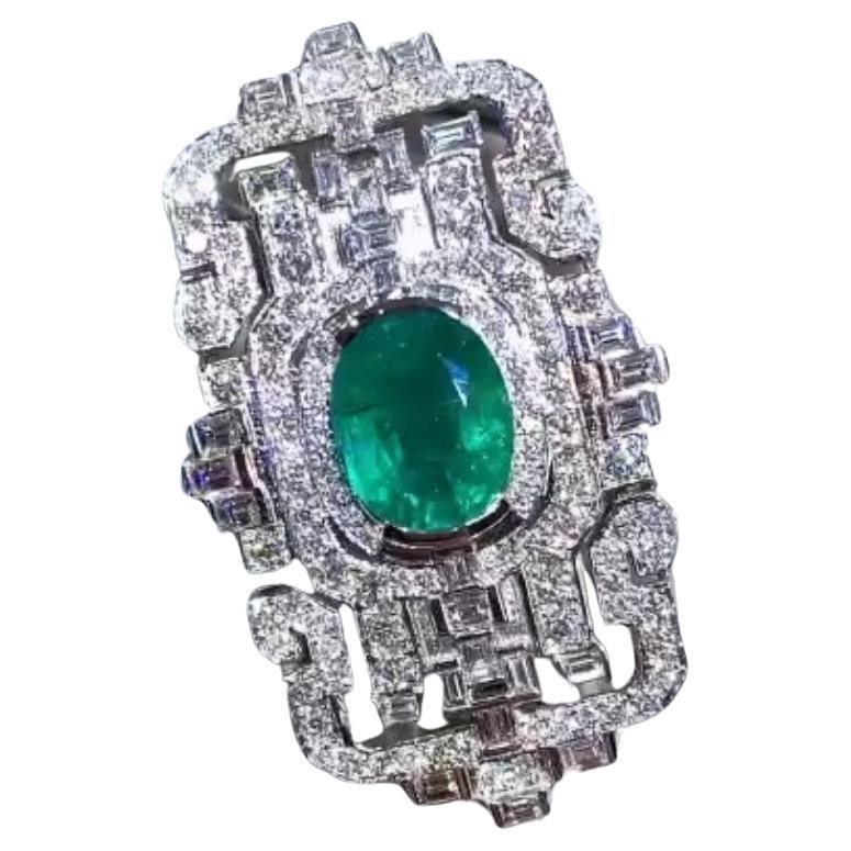 AIG Certified 5.40 Carat Zambian Emerald  3.70 Ct Diamonds 18k Gold Brooch 