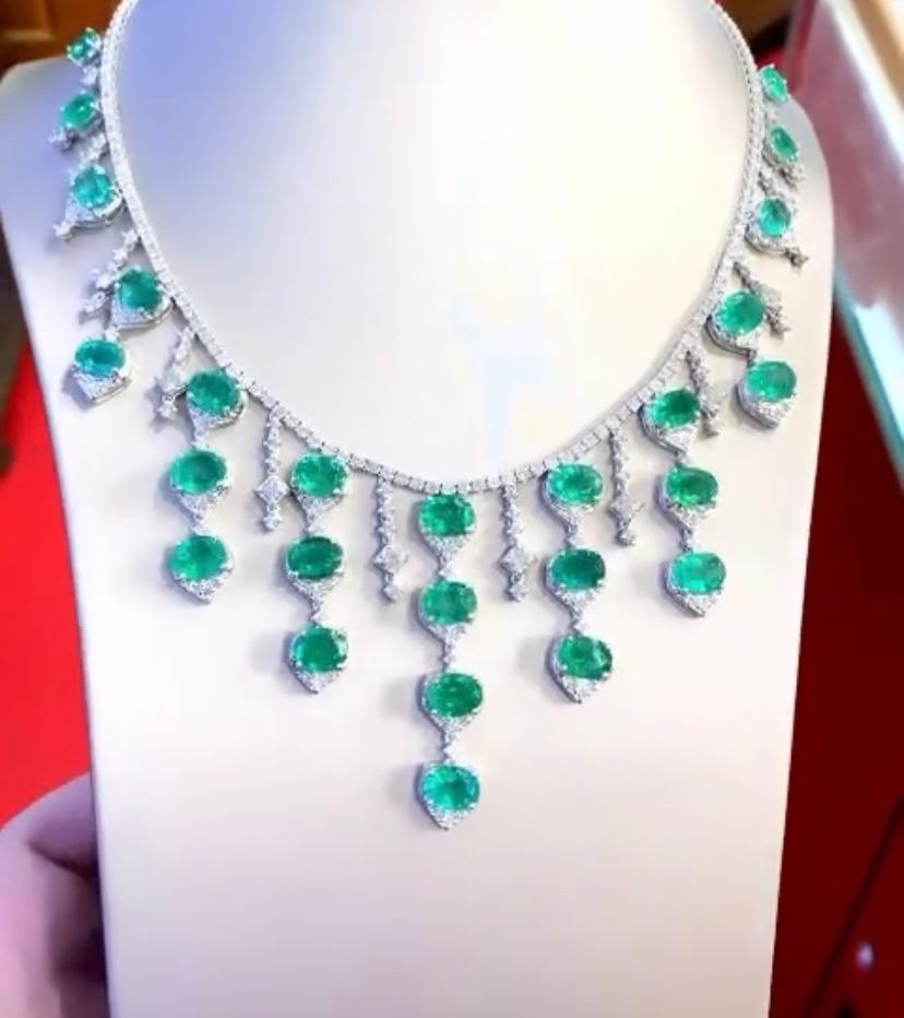Mixed Cut AIG Certified 54.00 Carat Zambian Emeralds  14.00 Ct Diamonds 18K Gold Necklace For Sale