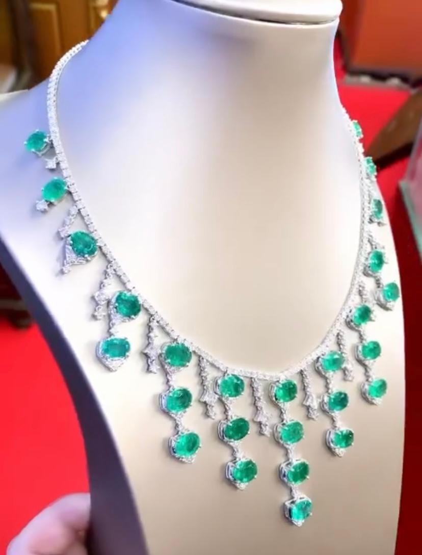 Women's AIG Certified 54.00 Carat Zambian Emeralds  14.00 Ct Diamonds 18K Gold Necklace For Sale