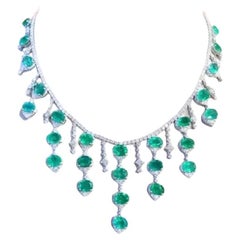 Used AIG Certified 54.00 Carat Zambian Emeralds  14.00 Ct Diamonds 18K Gold Necklace