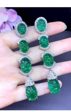 AIG Certified 54.00 Carats Zambian Emeralds 2.90 Ct Diamonds 18K Gold Earrings