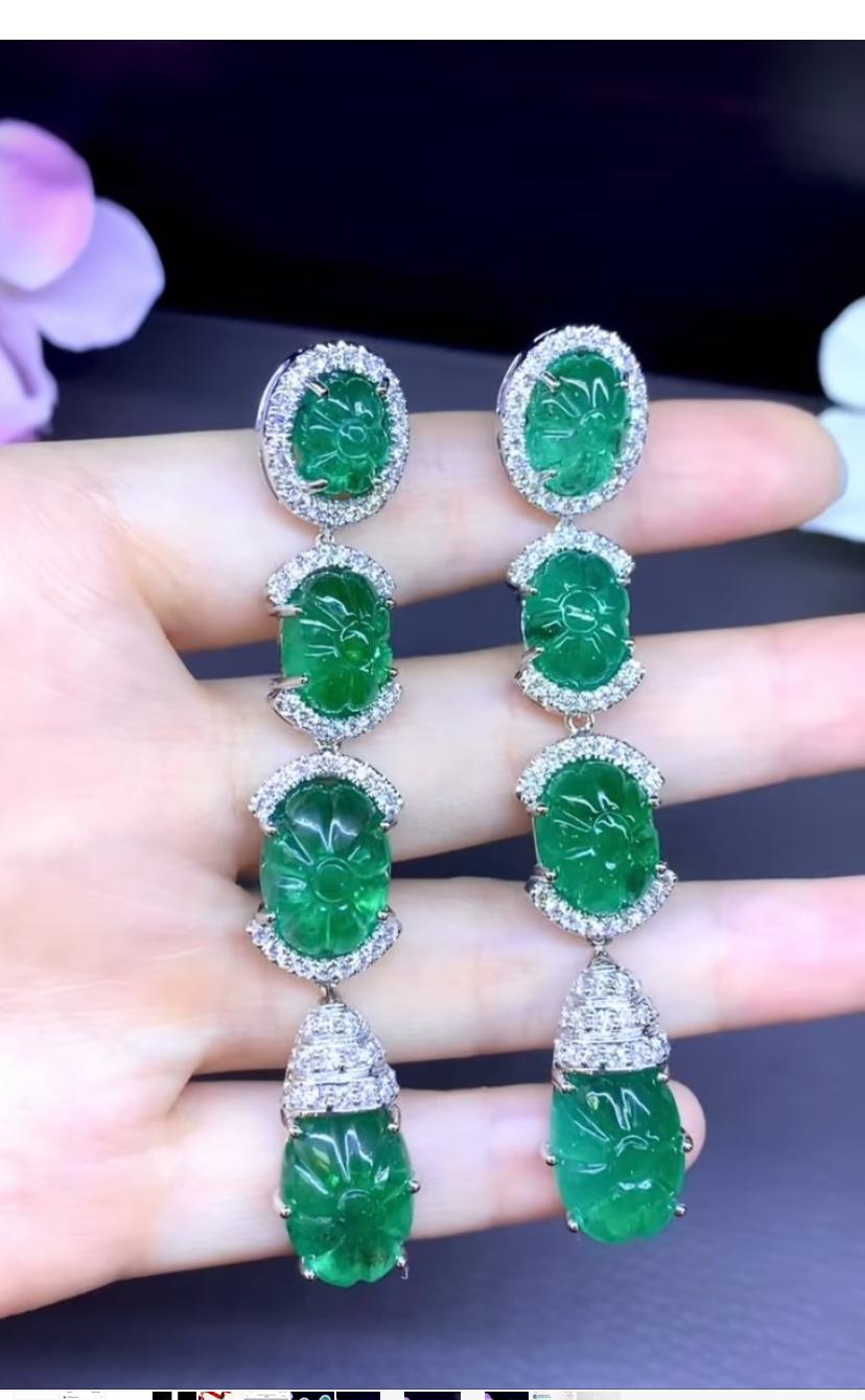 Cabochon AIG Certified 54.00 Carats Zambian Emeralds 2.90 Ct Diamonds 18K Gold Earrings For Sale