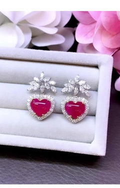 AIG Certified 5.48 Cts Heart Cut Burma Rubies  2.20 Cts Diamonds 18K Earrings