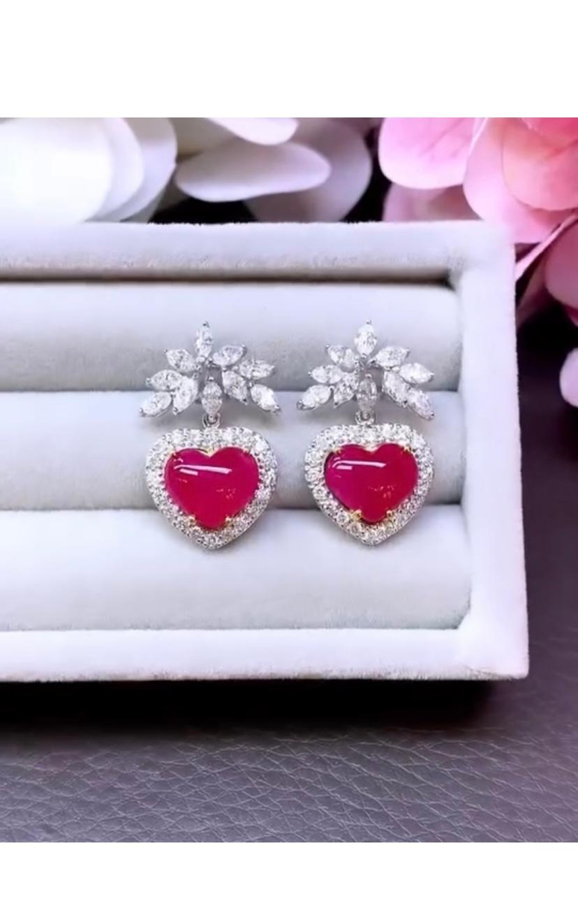 AIG Certified 5.48 Cts Heart Cut Burma Rubies  2.20 Cts Diamonds 18K Earrings For Sale 1