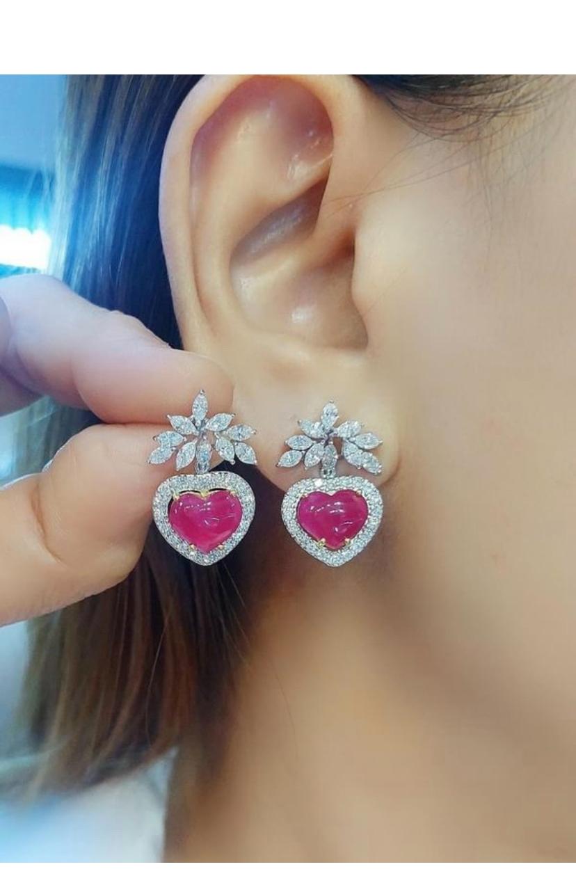 AIG Certified 5.48 Cts Heart Cut Burma Rubies  2.20 Cts Diamonds 18K Earrings For Sale 4