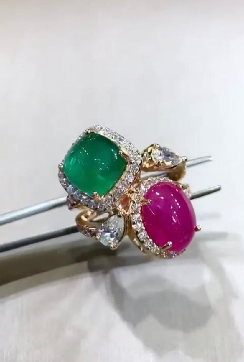 Cabochon AIG Certified 5.50 Carats Burma Ruby  4.60 Zambian Emerald  Diamonds 18K Ring  For Sale