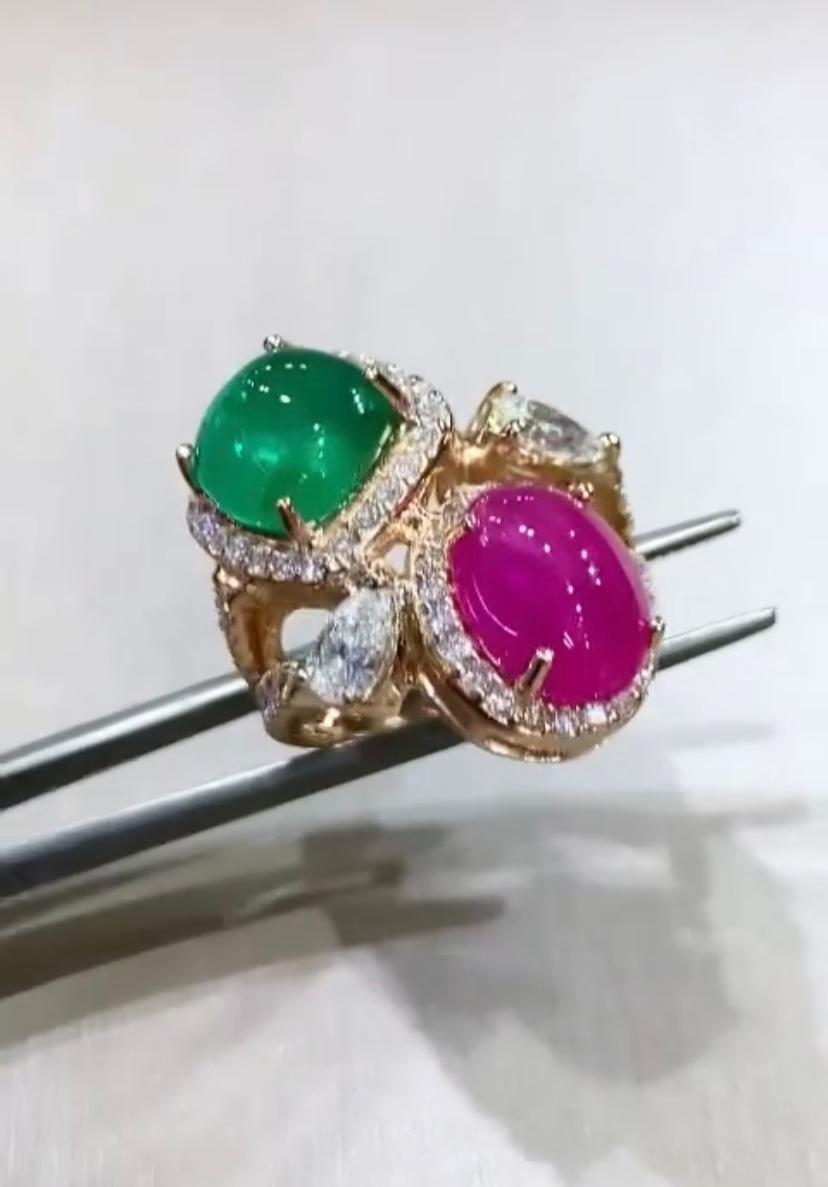 AIG-zertifizierter 5.50 Karat Burma-Rubin  4,60 sambischer Smaragd  Diamanten 18K Ring im Zustand „Neu“ im Angebot in Massafra, IT