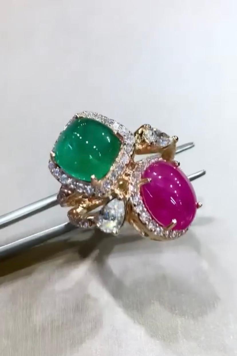 Women's AIG Certified 5.50 Carats Burma Ruby  4.60 Zambian Emerald  Diamonds 18K Ring  For Sale