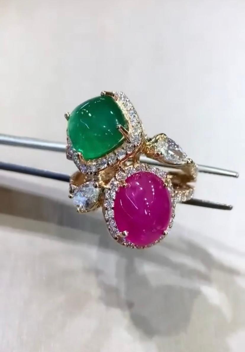 AIG-zertifizierter 5.50 Karat Burma-Rubin  4,60 sambischer Smaragd  Diamanten 18K Ring im Angebot 1