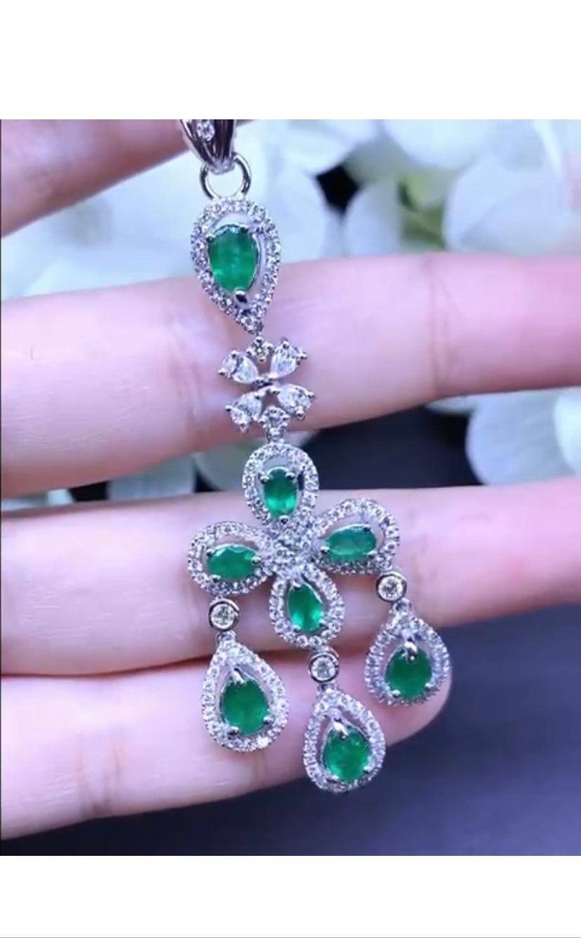 An exquisite design , so sophisticated and glamour , a very adorable style.
Pendant come in 18k gold with natural Zambian Emeralds of 5,50 carats , fine quality, and natural diamonds of 1,73 carats, F-G /VS, top quality.
Handcrafted by artisan