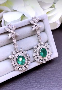 AIG Certified 5.50 Ct Zambian Emeralds  4.40 Ct Diamonds 18K Gold Earrings