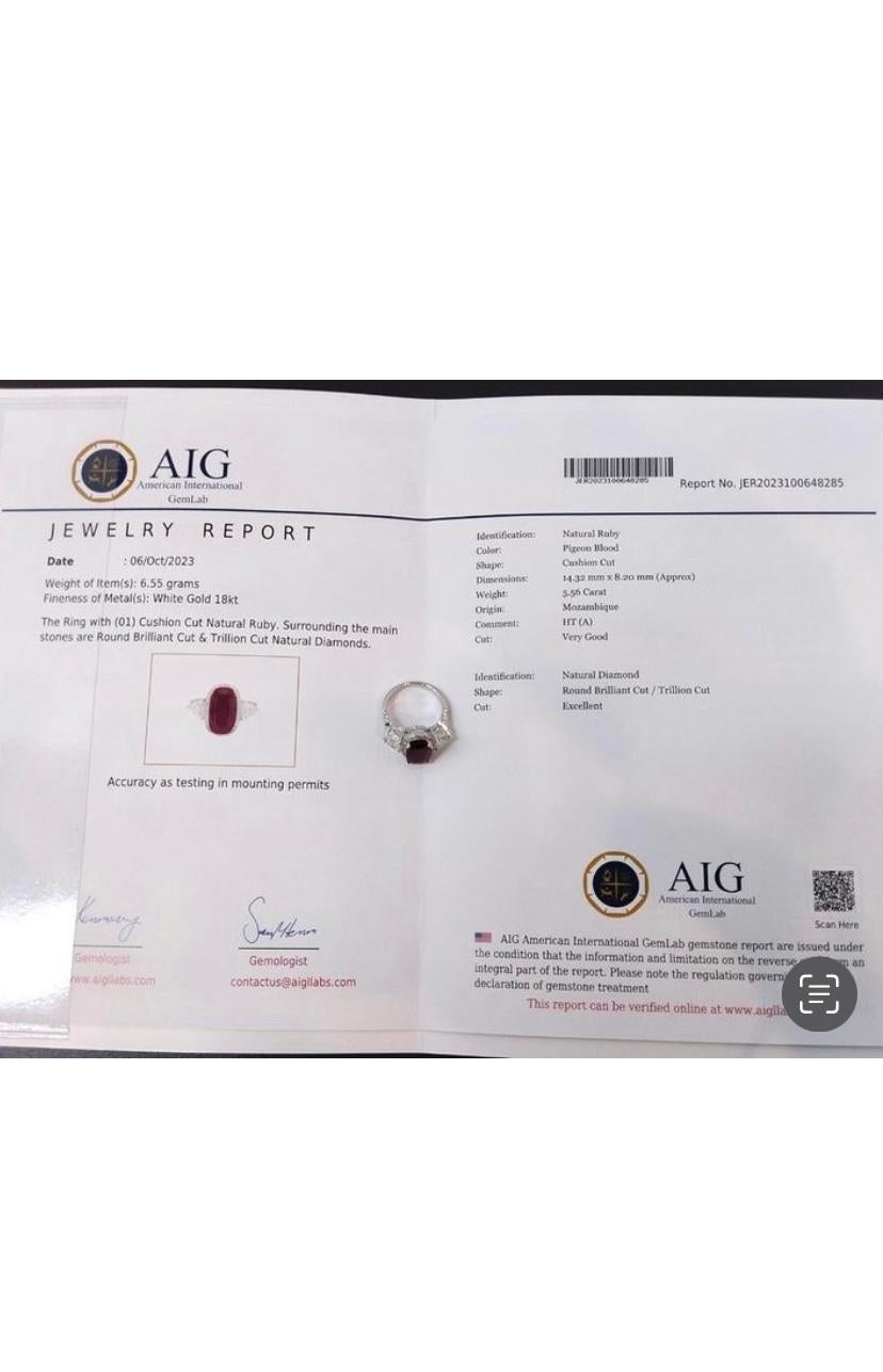 AIG Certified 5.56 Ct Natural Ruby Diamonds 2.26 Ct 18K Gold Ring  For Sale 6