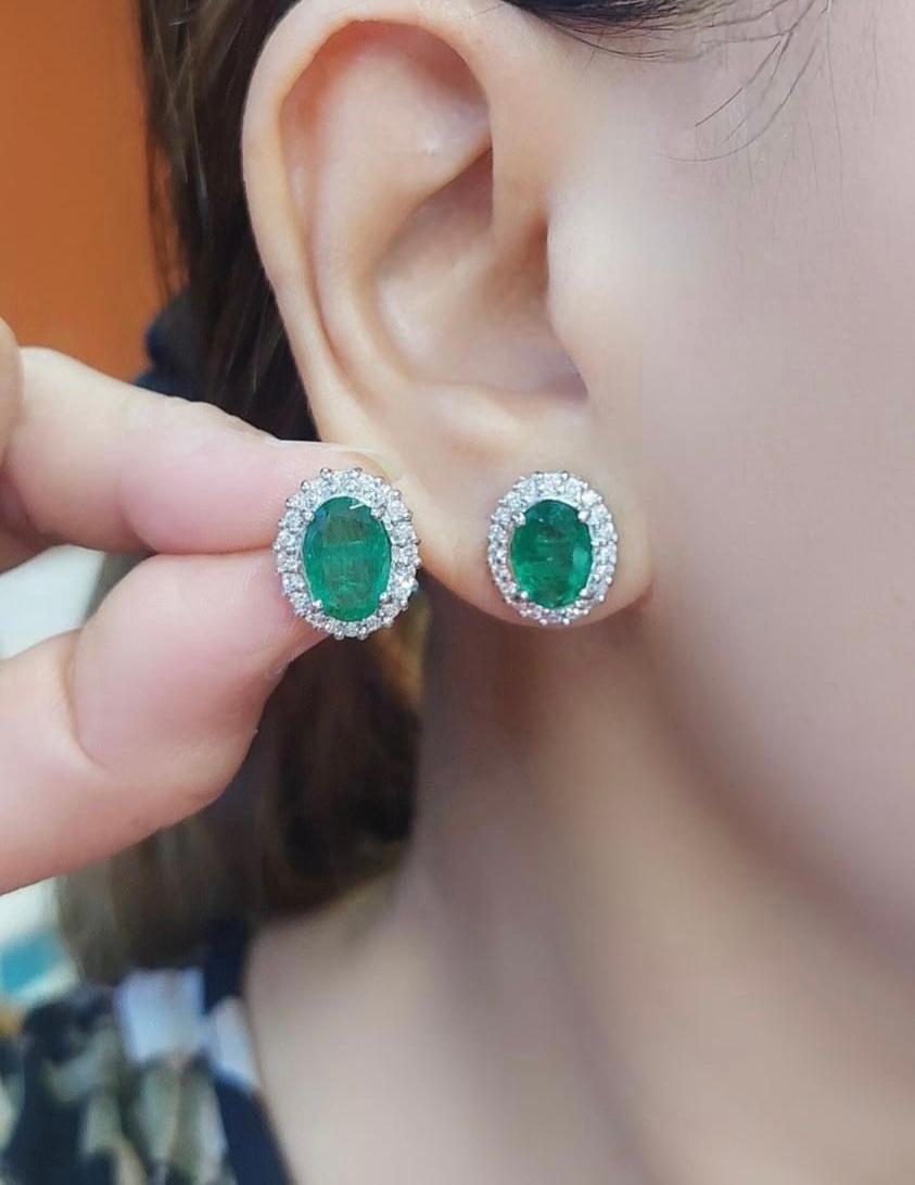 Oval Cut AIG Certified 5.70 Ct Zambian Emeralds Diamond 18K Gold Earrings For Sale
