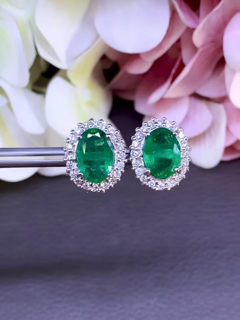 Women's AIG Certified 5.70 Ct Zambian Emeralds Diamond 18K Gold Earrings For Sale