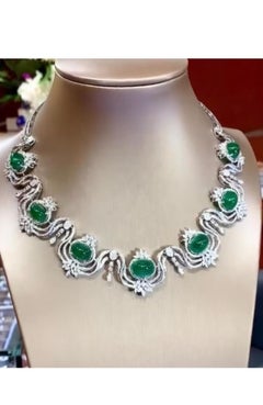 18K Gold Necklace with 57ct Zambian Emeralds & 6ct Diamonds