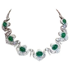 AIG Certified 57.00 Ct Zambian Emeralds 6.00 Ct Diamonds 18K Gold Necklace