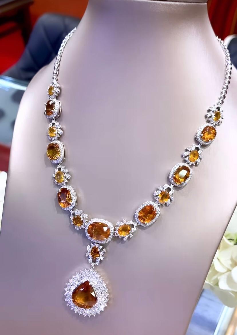 Oval Cut AIG Certified 57.93 Ct Orange Sapphires  6.13 Ct Diamonds 18K Gold Necklace  For Sale