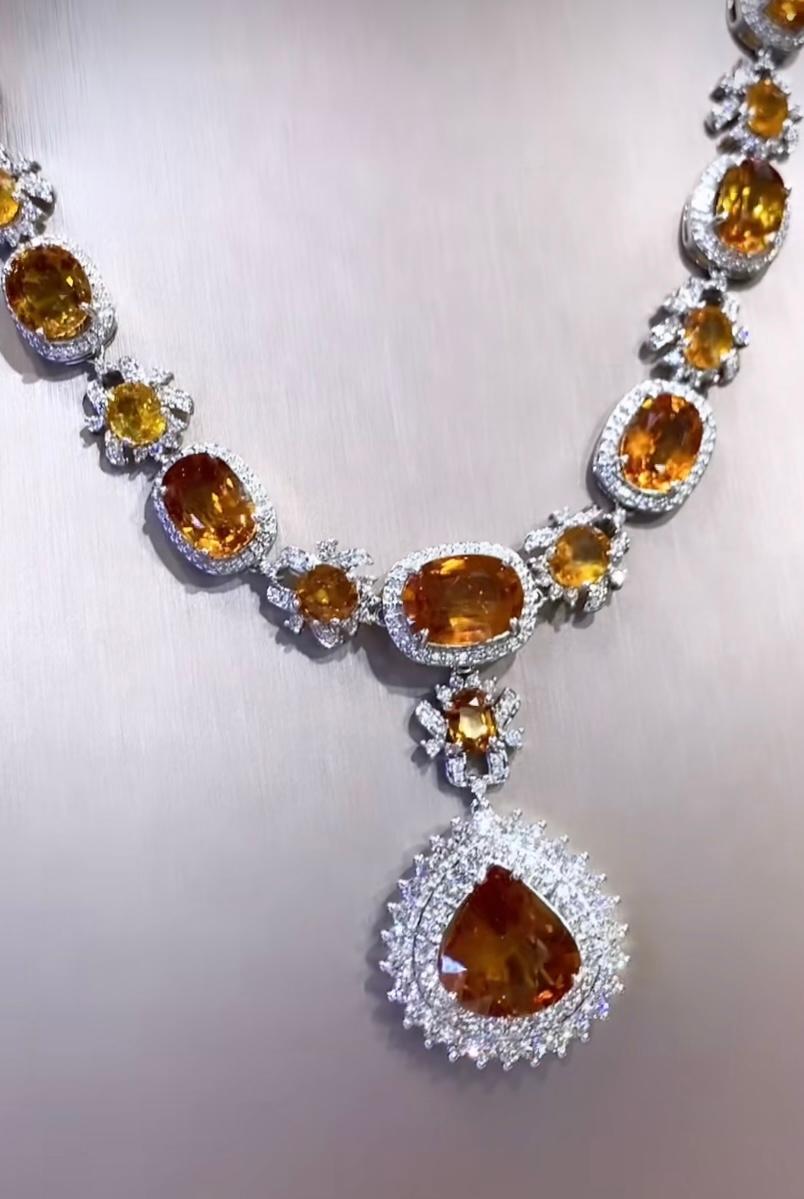 Women's AIG Certified 57.93 Ct Orange Sapphires  6.13 Ct Diamonds 18K Gold Necklace  For Sale