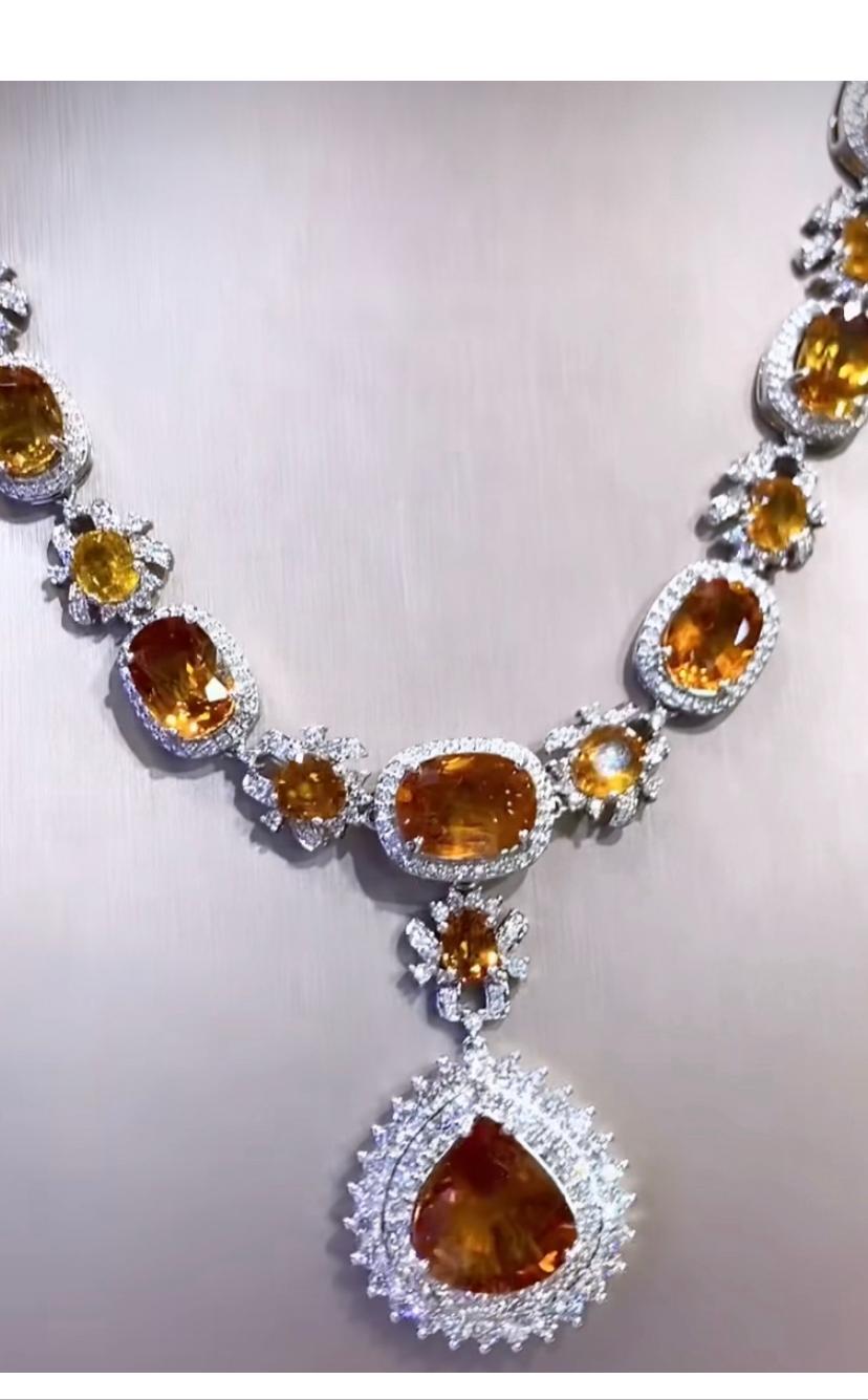 AIG Certified 57.93 Ct Orange Sapphires  6.13 Ct Diamonds 18K Gold Necklace  For Sale 2