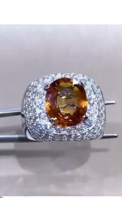 AIG Certified 5.80 Carat Orange Sapphire  1.90 Ct Diamonds 18K Gold Ring