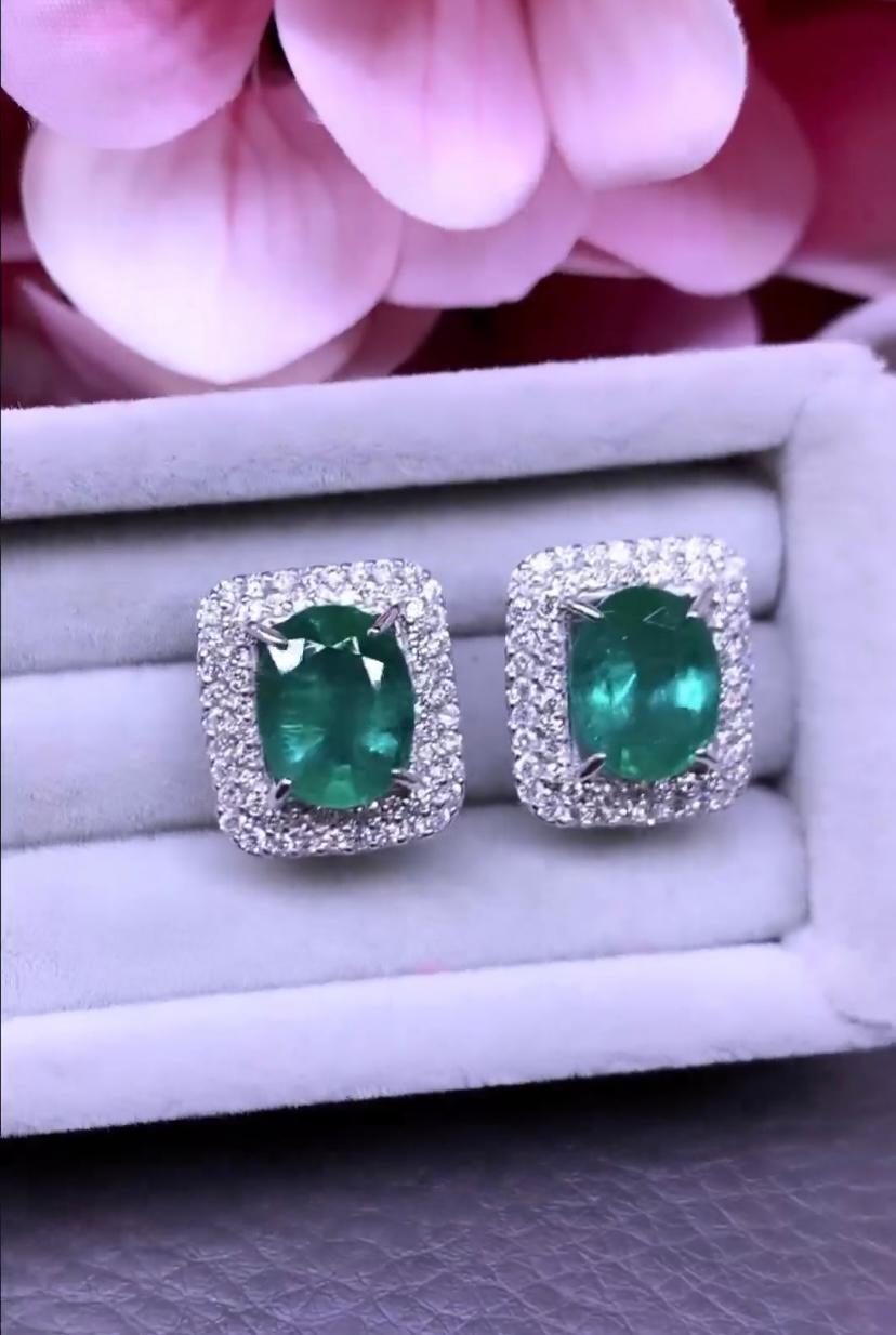 Women's AIG Certified 5.80 Carats Zambian Emeralds  1.13 Ct Diamonds 18K Gold Earrings  For Sale